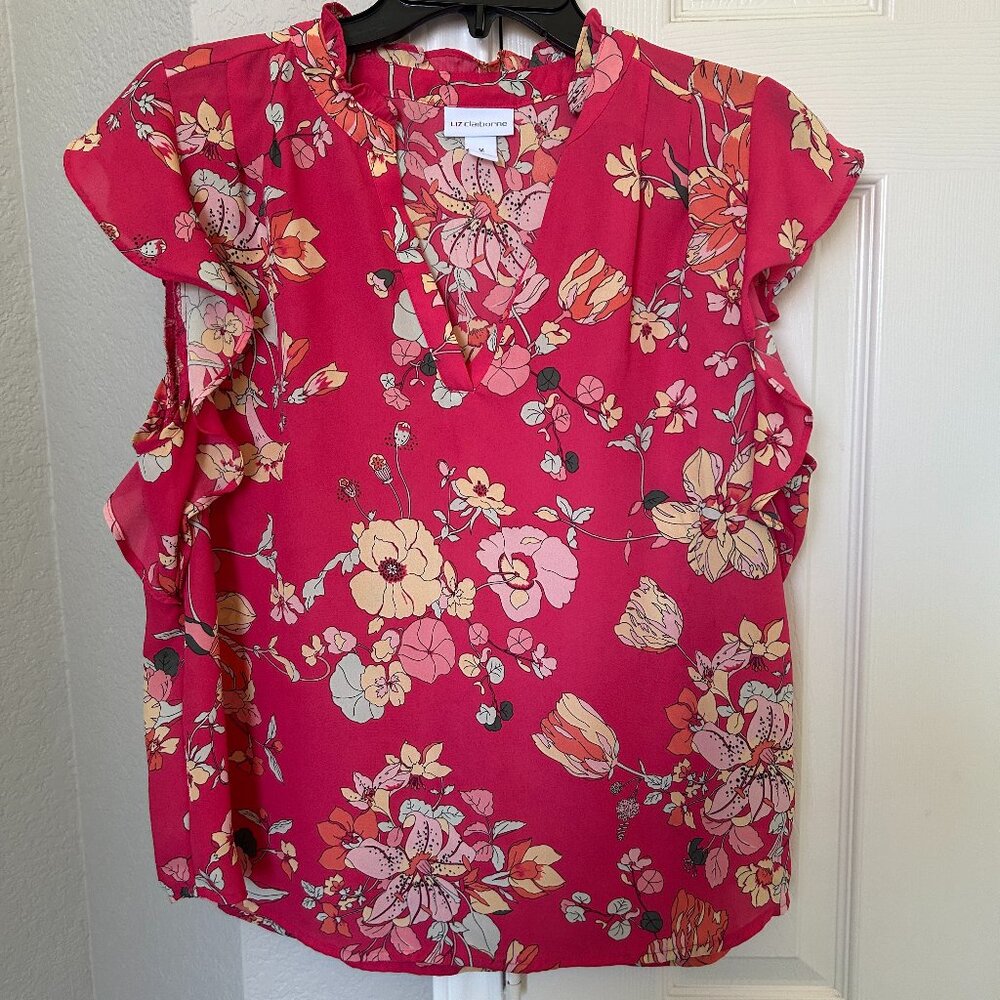 Liz Claiborne V Neck Pink Floral Blouse with Ruffled Cap Sleeves - Medium